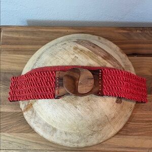 Boho Cowgirl Red Beaded Stretch Belt Wood Buckle Wide Artisan Small Southwest